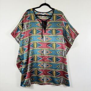 Winlar‎ Vintage Geometric Satin Vacation Beach Oversized Shirt Top Women's Sz 1X
